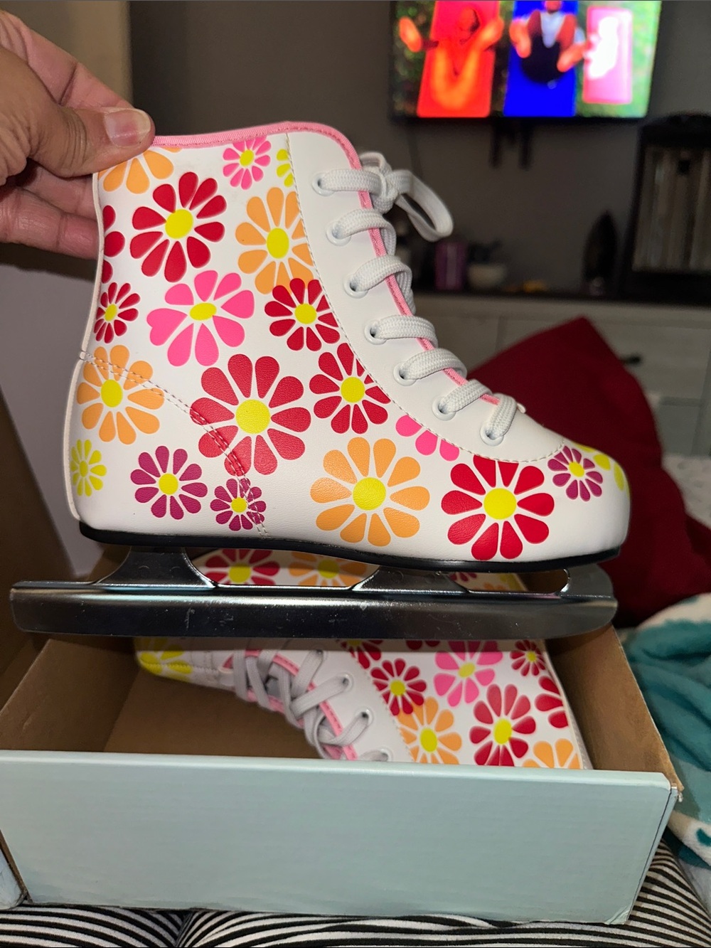 Kids Floral Pattern White Figure Ice Skates - Pink, Red & Orange Daisy Design
